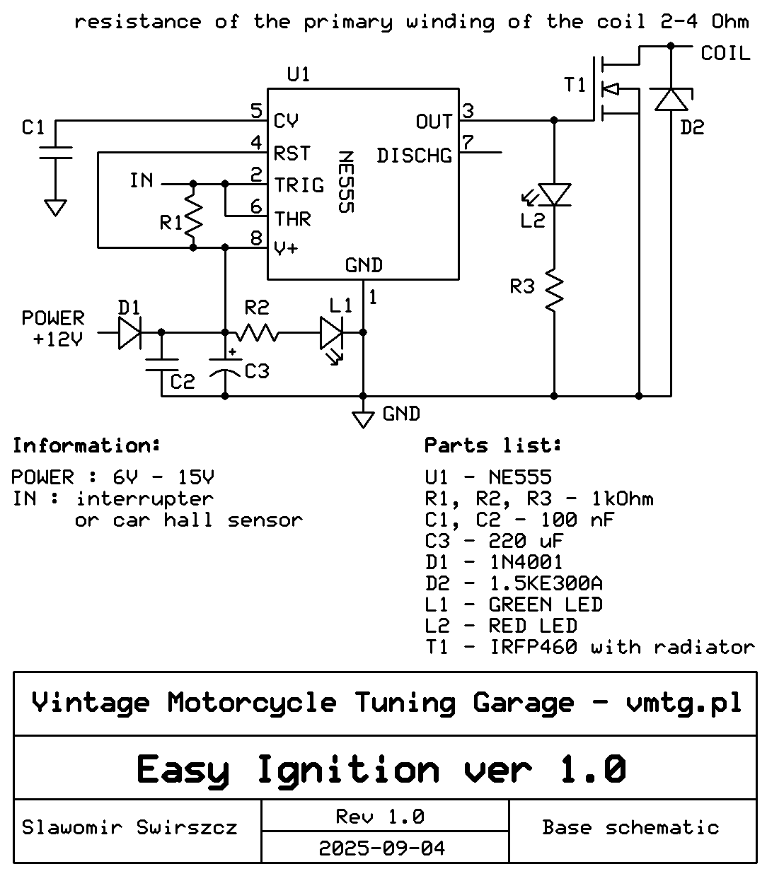 Schemat Easy Ignition NE555, prosty zapłon dla motocykla zabytkowego.